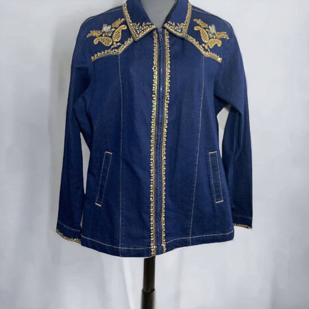 Victor Costa Occasion Gold Embellished Bead Sequin Denim Jacket Size 1X